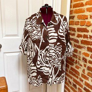 Jones New York Brown Safari Print 100% Linen Roll Tab Sleeve Shirt